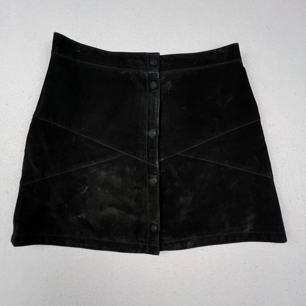 VTG 70s Inspired Monki Suede Mini Skirt 38 Black Genuine Leather Edgy Academia